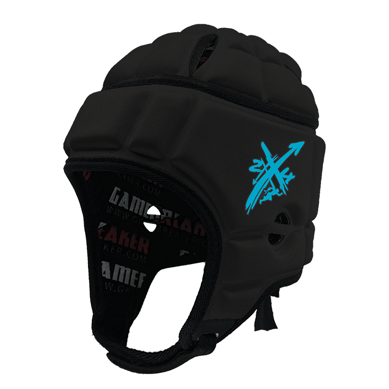 Product image of a Black GameBreaker Multi-Sport Headgear with custom logos on it.