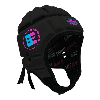 Product image of a Black GameBreaker Multi-Sport Headgear with custom logos on it.