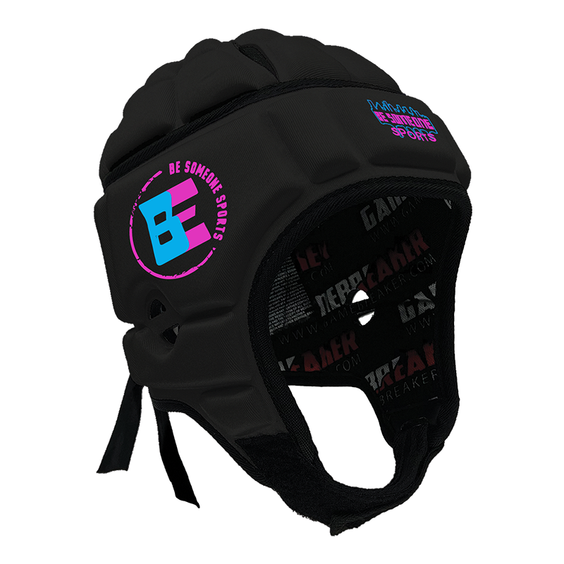 Product image of a Black GameBreaker Multi-Sport Headgear with custom logos on it.