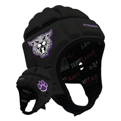 Product image of a Black GameBreaker Multi-Sport Headgear with custom logos on it.