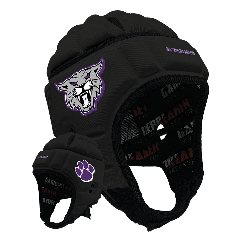 Product image of a Black GameBreaker Multi-Sport Headgear with custom logos on it.