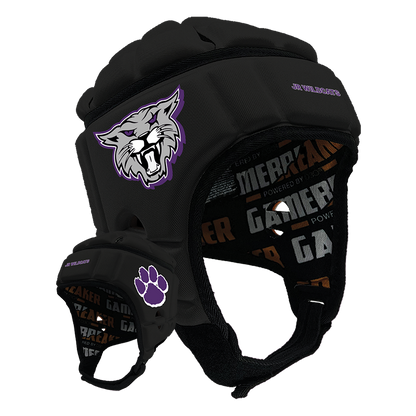 Product image of a Black GameBreaker Pro Headgear with custom logos on it.
