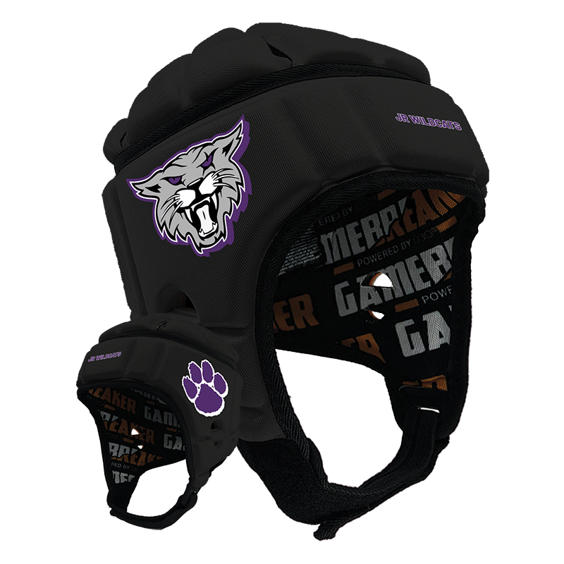 Product image of a Black GameBreaker Pro Headgear with custom logos on it.