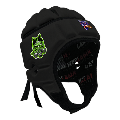 Product image of a Black GameBreaker Multi-Sport Headgear with custom logos on it.