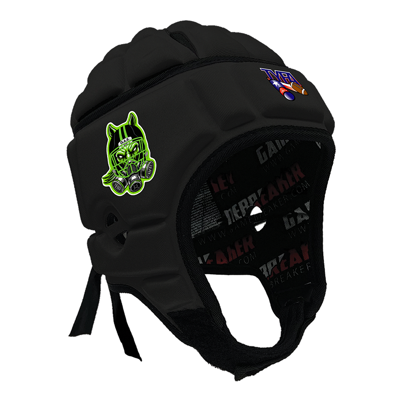 Product image of a Black GameBreaker Multi-Sport Headgear with custom logos on it.