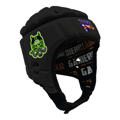 Product image of a Black GameBreaker Pro Headgear with custom logos on it.