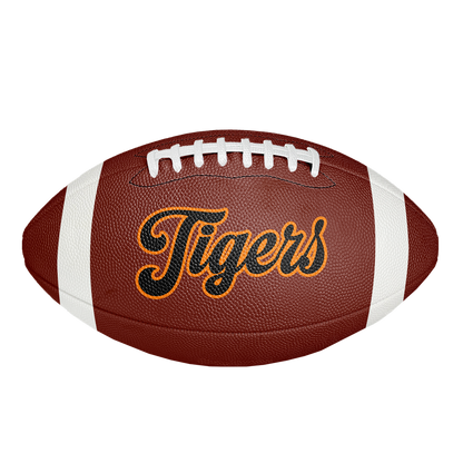 GameBreaker Custom Printed Football. Normal leather football with black and orange tigers text logo on side.