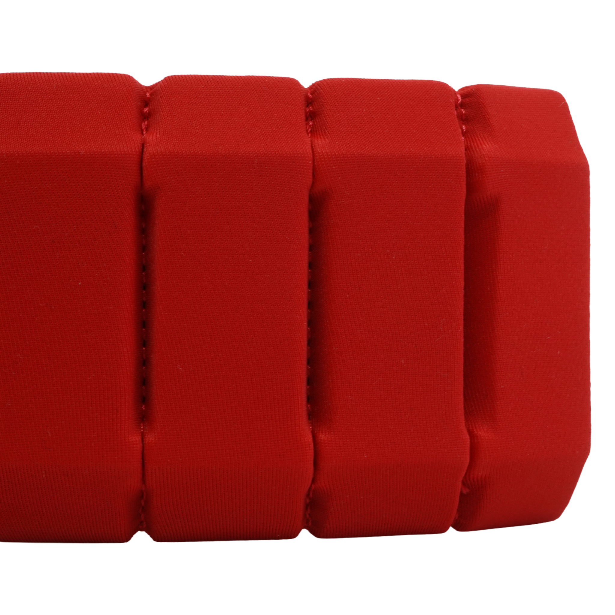 A close-up of a bright red padded fabric strap or band with stitched vertical channels, shown against a plain white background.