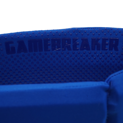Close-up of a bright blue headband with the word 'GAMEBREAKER' in matching blue lettering, against a white background.