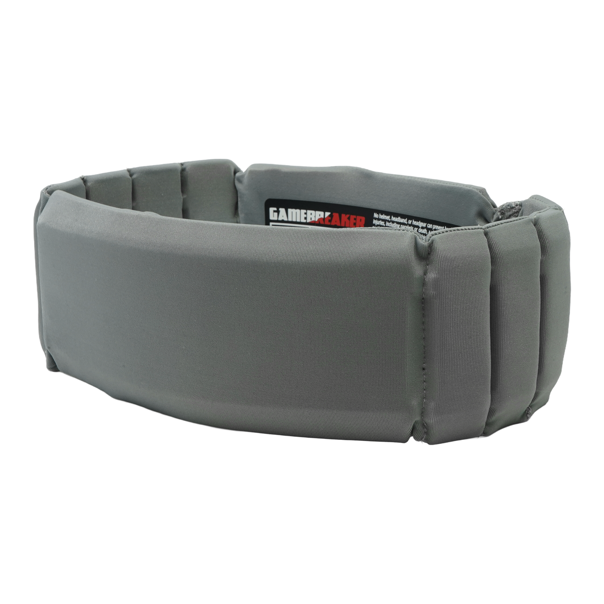 A gray padded protective headband segmented sections and a visible GAMEBREAKER label, photographed on a plain white background.