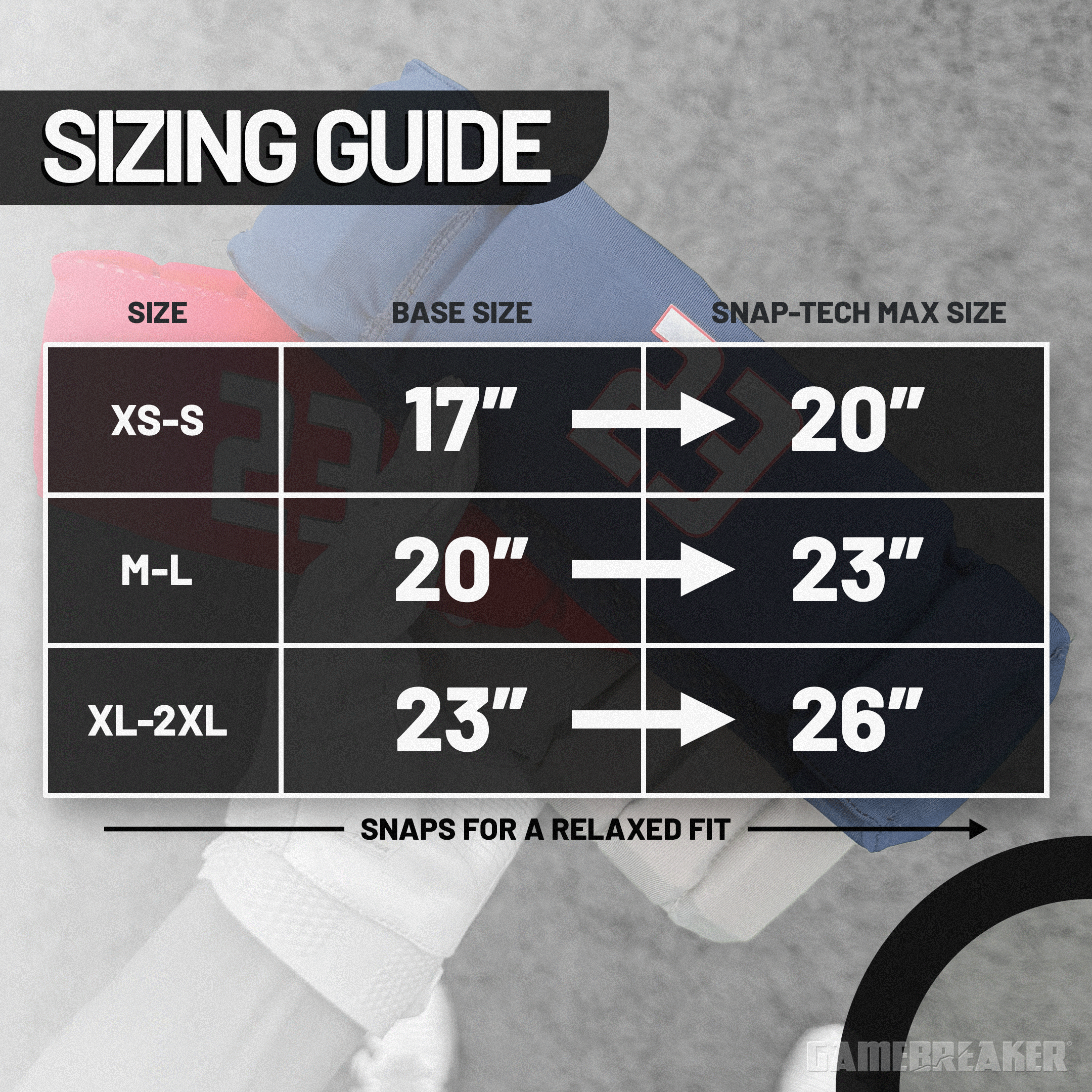 Sizing guide chart for GameBreaker headgear featuring three size options: XS–S (17" base size, expands to 20"), M–L (20" base size, expands to 23"), and XL–2XL (23" base size, expands to 26") using Snap-Tech technology. Background includes images of colorful headgear, and a note at the bottom reads "Snaps for a relaxed fit."