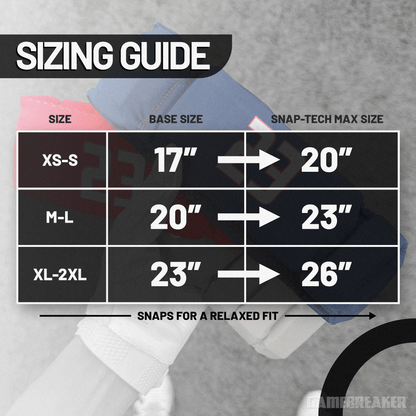 Sizing guide chart for GameBreaker headgear featuring three size options: XS–S (17" base size, expands to 20"), M–L (20" base size, expands to 23"), and XL–2XL (23" base size, expands to 26") using Snap-Tech technology. Background includes images of colorful headgear, and a note at the bottom reads "Snaps for a relaxed fit."