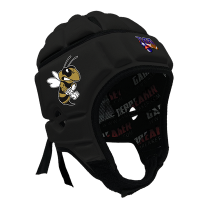 Product image of a Black GameBreaker Multi-Sport Headgear with custom logos on it.