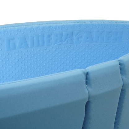 Close-up of a light blue headband with the brand name GAMEBREAKER embossed on the foam.