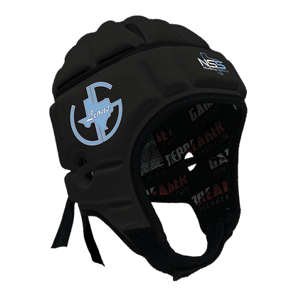 Product image of a Black GameBreaker Multi-Sport Headgear with custom logos on it.