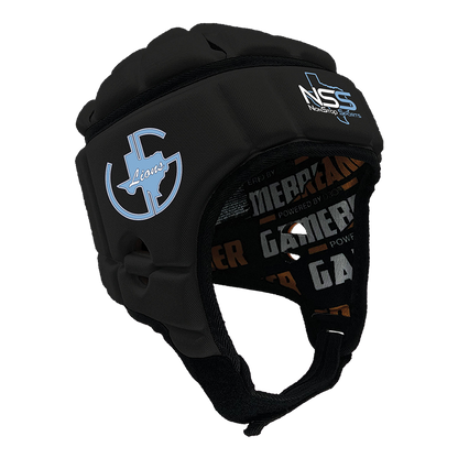 Product image of a Black GameBreaker Pro Headgear with custom logos on it.