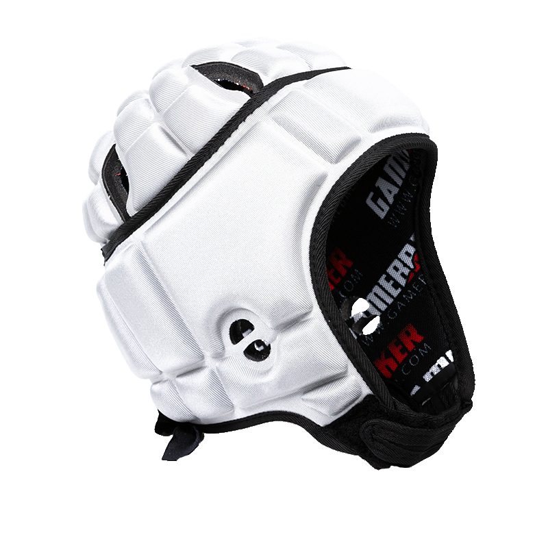 Front angled image of white GameBreaker Multi-Sport Soft Shell Headgear.