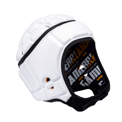 Front angled image of white GameBreaker Pro Soft Shell Headgear.